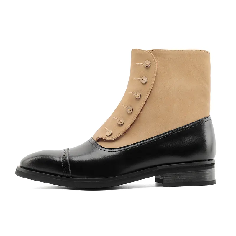 Men's Classic Brogue Mid-Calf Boots, Chic 2-Tone Patchwork Design with Side Buttons Decor, Footwear for Business & Casual