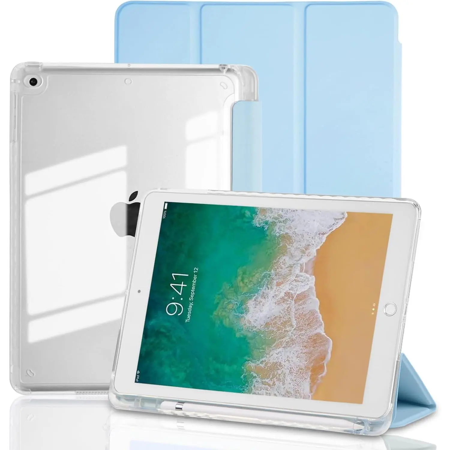 Case for iPad 9.7 Inch 6th/5th Generation (2018 2017), Hybrid Protective Cover with Pencil Holder, Clear Transparent  Shell Anti-Yellowing Case for iPad 6 5 Gen, Light Blue