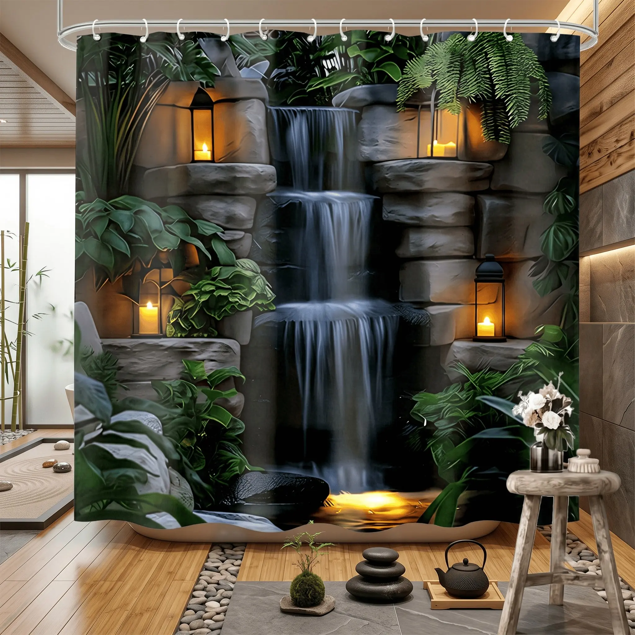 1pcs Zen Waterfall Shower Curtain with Warm Lanterns and Tropical Plants, Indoor Nature Landscape Bath Decor, Cozy Ambient Bath Curtain