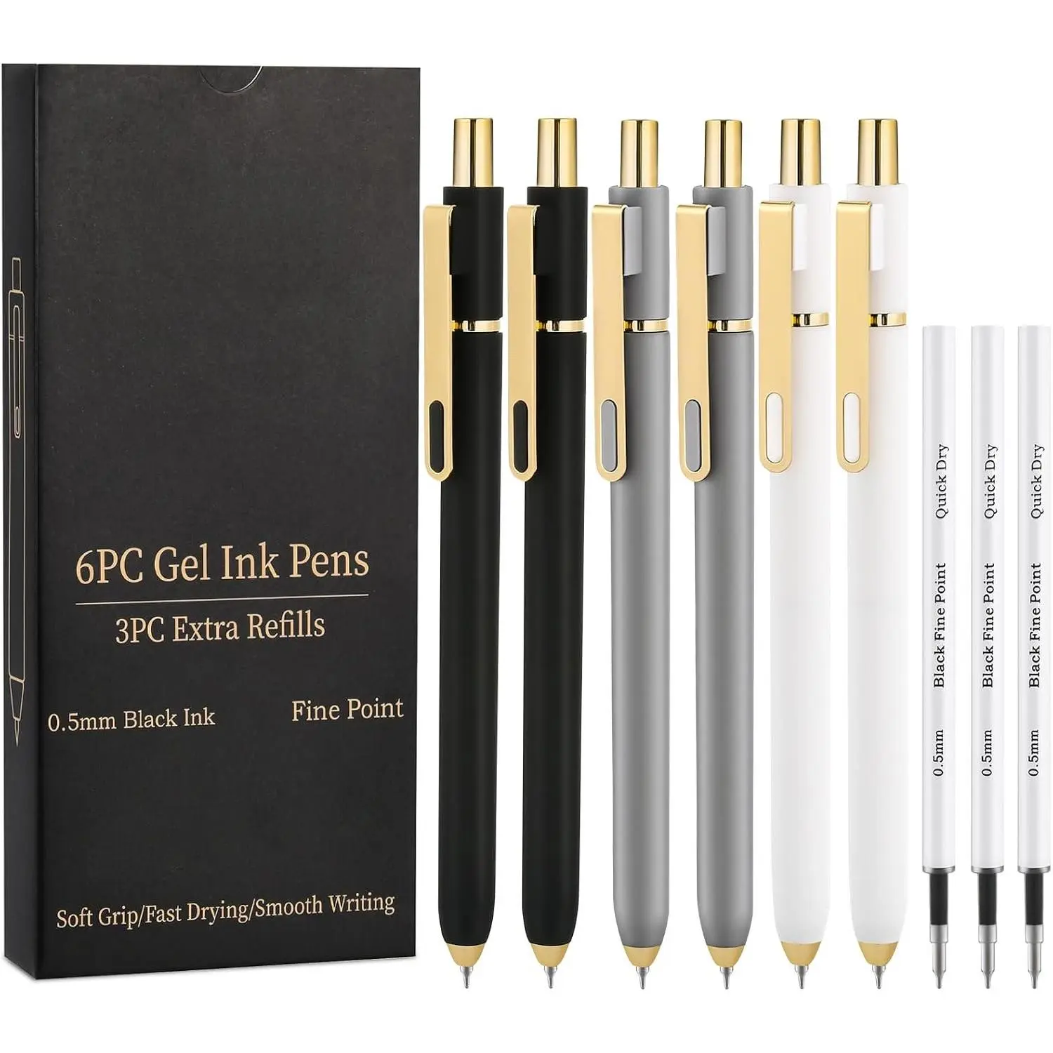 Minimalist 6-Count Refillable Retractable Gel Pens, 0.5mm Fine Point CS Nib Black Ink, 3 Refill Cartridges, Soft Comfortable Grip, Smooth Writing, for Office Employees’ Note Taking, Creating Greeting Cards (Black, Gray, White)