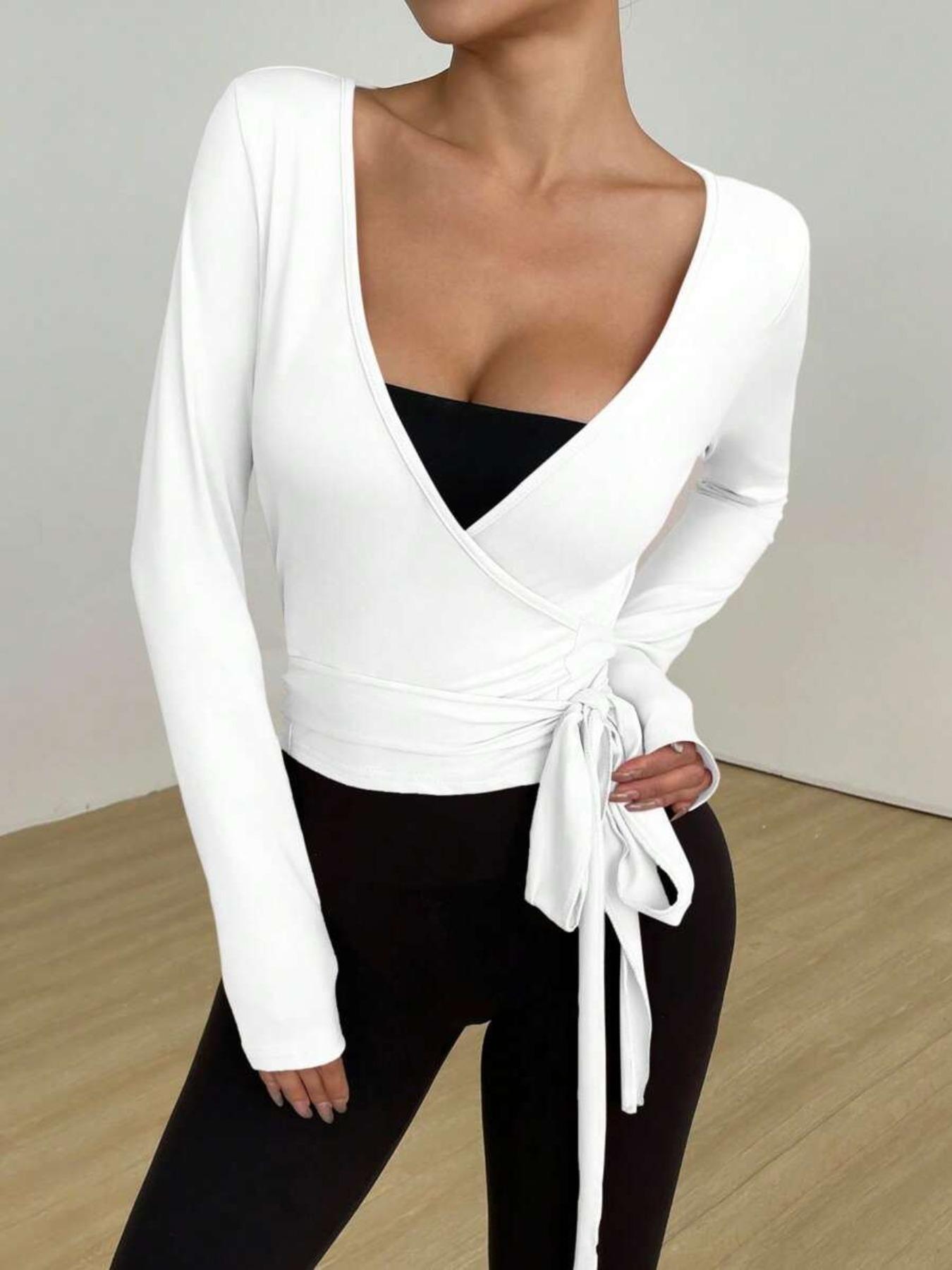 Women's Spring Summer Knitted Plain Elastic Soft Front Tie V Neck Bodycon Long Sleeve Short Tight T-Shirt, Casual Fashion All Seasons Top, Basic
