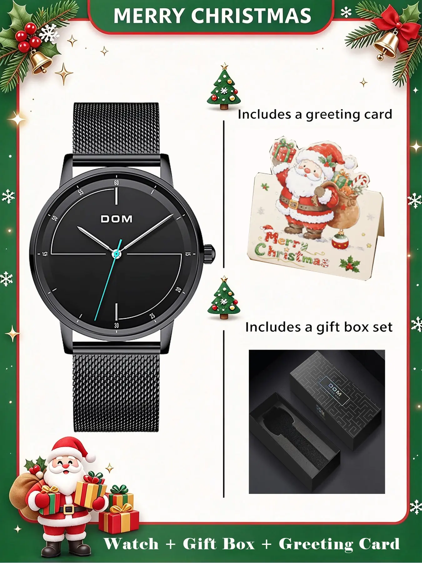 Dom Fashion Ultra-Thin Black Dial Watch, Blue Needle Mesh Strap, Youth Casual Party Style, Christmas Gift Box Included, Fashion Quartz Watch