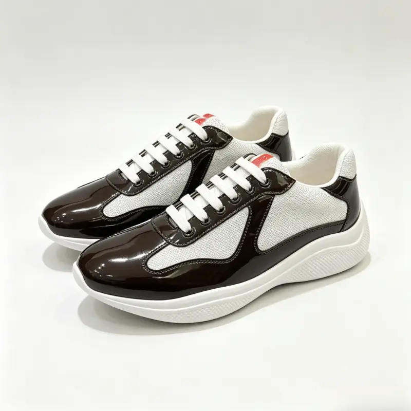 Trendy Men Platform Sneakers, Brown Patent Leather & Breathable Mesh Color Block Shoes, Cushioned Lace-Up Casual Daily Walking Athletic Trainers