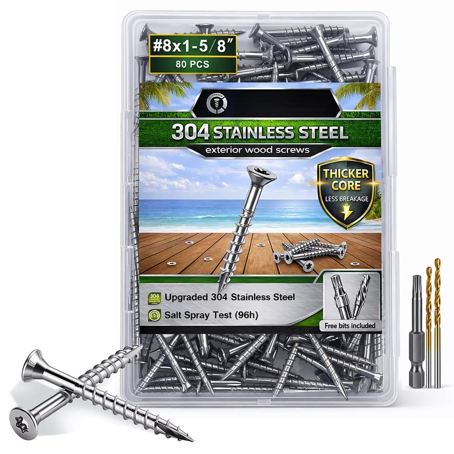 #8 x 1-5/8" Stainless Steel  Screws - 304 Stainless Steel Exterior Deck Screws (80 PCS),  & Rust Resistant, T20 Torx Flat  for Outdoor ,Fence & Marine (3 Driver Bits Included)