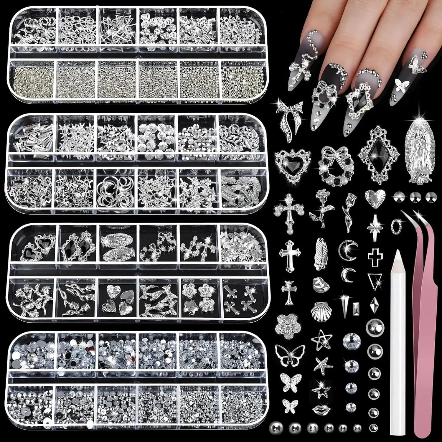 2/4 Boxes Nail Art Rhinestone Set, Fashion Rhinestone Decorated, Silver Color Nail Decorations, Pearl & Cross Stickers, Heart Drills, DIY Nail Accessories