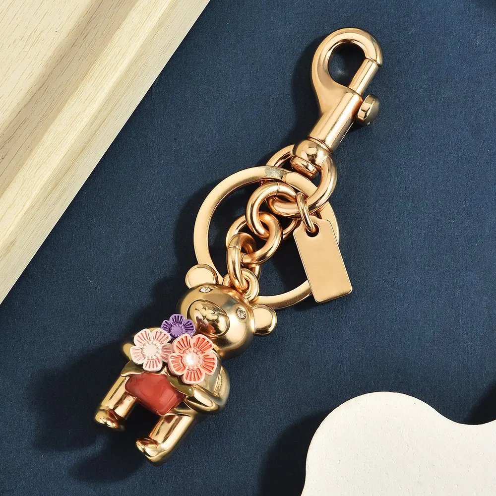 Cute Mini Handbag Keychain, 3D Bear Metal Keychain, Floral Design Luxury Bag Charm, Women's Wallet Accessory, Girl's Handbag Decor, Keychain Charms