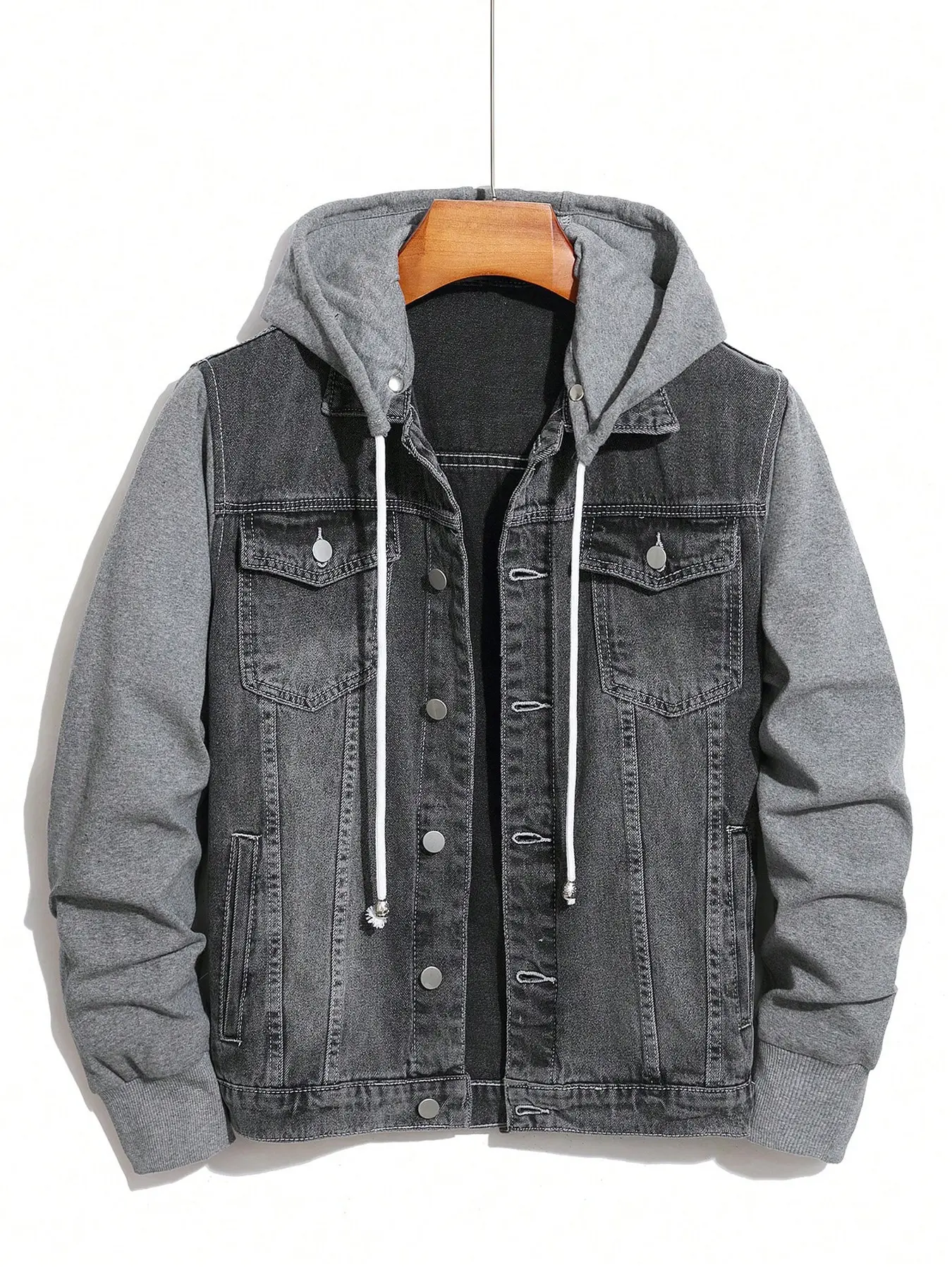 Fall Winter Hooded Denim Jacket Men, Vintage Washed Patchwork Sweatshirt Sleeve Trucker Coat, Button Up Chest Pockets Faux Two Piece Jean Outerwear, Casual Daily Streetwear, Comfortable Fabric