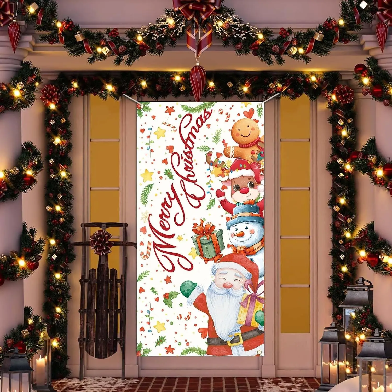 2D Flat Banner Door Cover, Christmas Curtain Decoration, Santa Claus, Snowman, Reindeer, Gingerbread Man, Indoor Outdoor Holiday Party Wall Decor