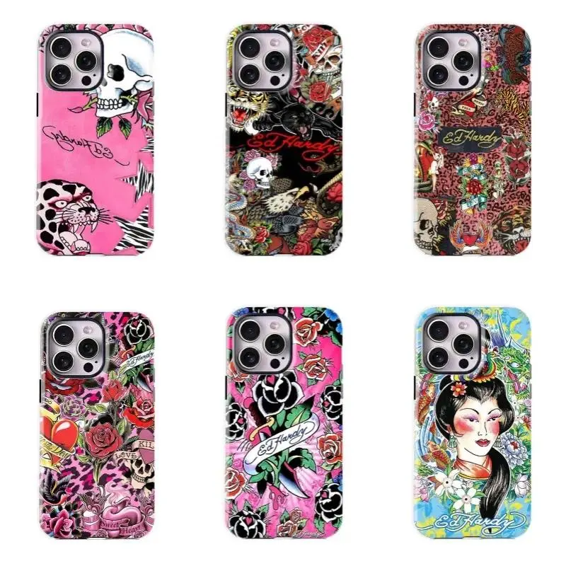 Ed Hardy Inspired Skull & Rose Phone Case, Punk Y2K Vintage Aesthetic Phone Protection, Compatible with iPhone 11-17 Pro Max/Plus, Samsung Galaxy S21-S26, Shell, Resistance