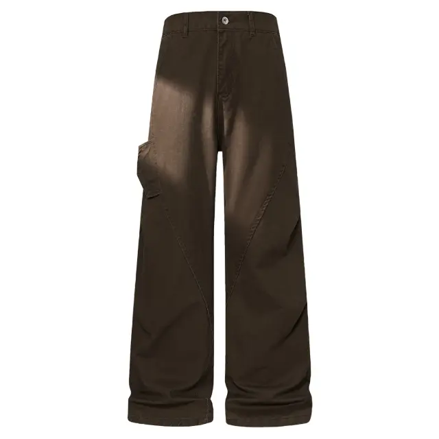 Men's Vintage Workwear Jeans - Minimalist High Waist, Wide-Leg Denim with Deconstructed Twisted Pleats, Menswear, Foldable, Distressed, Pocket, Streetwear, Cotton, Plain, Trouser, Casual, Pants, Pockets