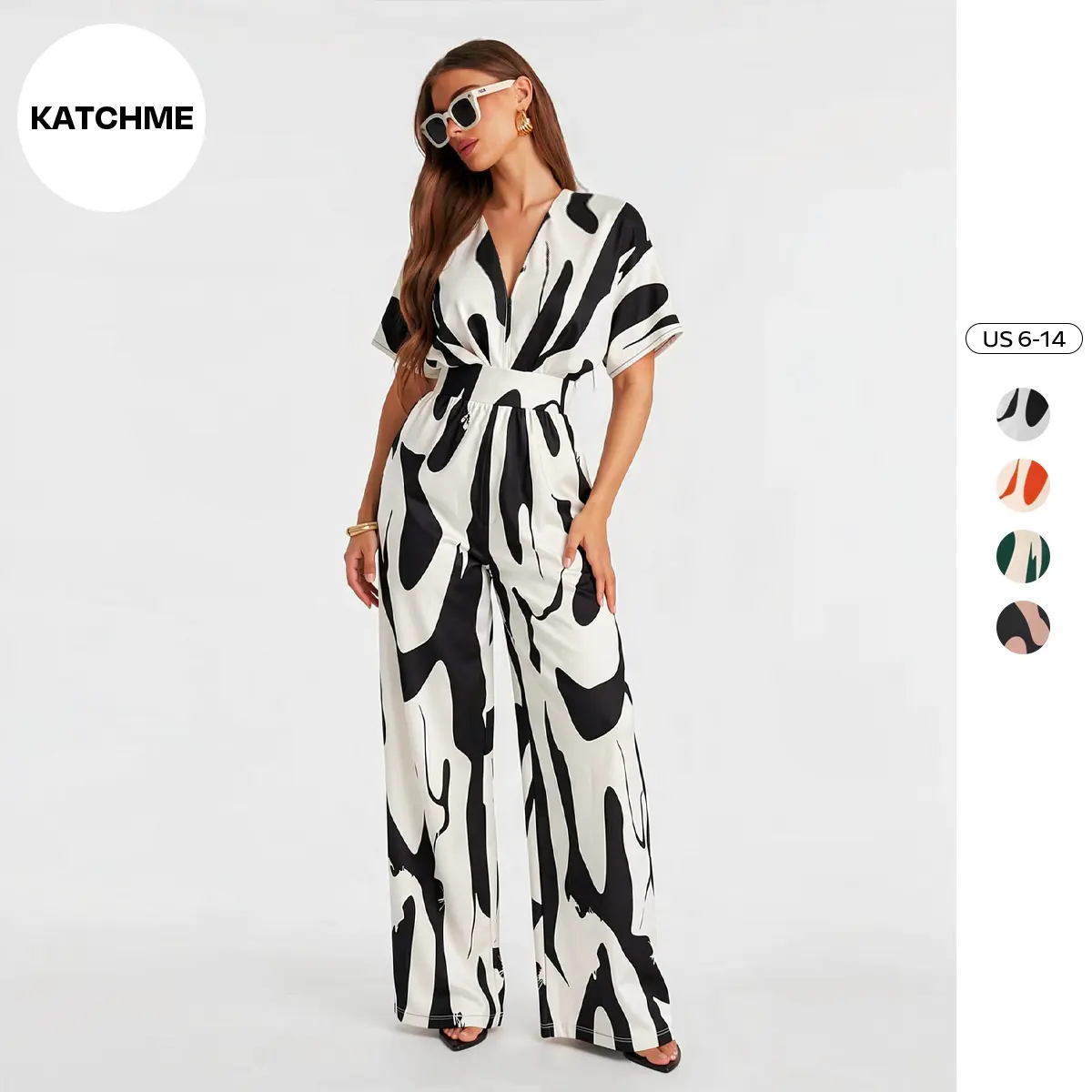 Katch Me Chic Women's Classy All Over Print Shirred Wide Leg Jumpsuit, Comfort Minimalist Batwing Sleeve Jumpsuit for Spring & Summer, Comfortable Womenswear