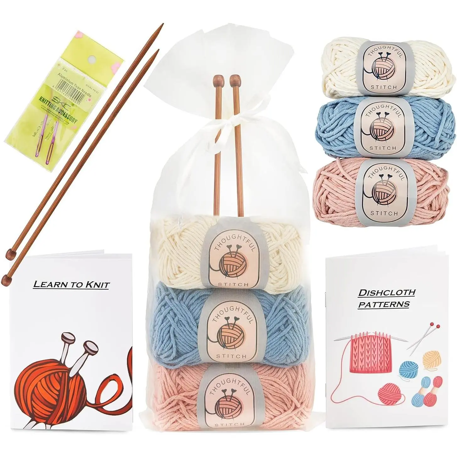 Thoughtful Stitch Knitting Kit for Beginners Adults & Kid Friendly- Complete Knitting Kit - Learn to Knit Yarn Set with Tutorial Book for Adult Hobbies - 100% Cotton Wool & Bamboo Knitting Needle