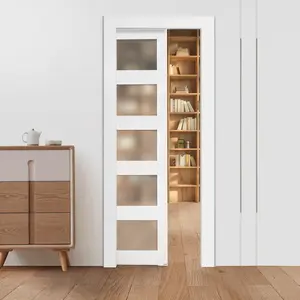 【DealsForYouDays】VEVOR Sliding Pocket Door, 30" x 80", 5-Lite Frosted Glass Single Sliding Door with Hardware Kit, Sturdy Solid Wood MDF Pocket Doors Slab with Waterproof Surface for Bedroom Kitchen Study Room