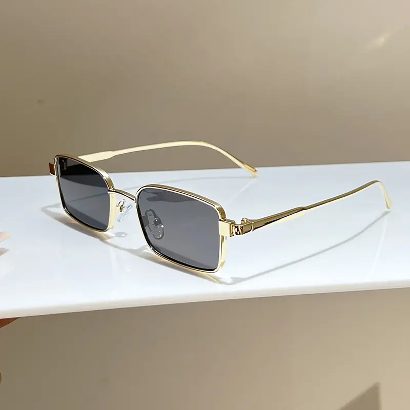 Effortless Gold Metal Frame Narrow Rectangle Sunglasses Face Slimming Dark Tinted Lenses Lightweight Retro 90s Y2K Streetwear Daily Wear Driving