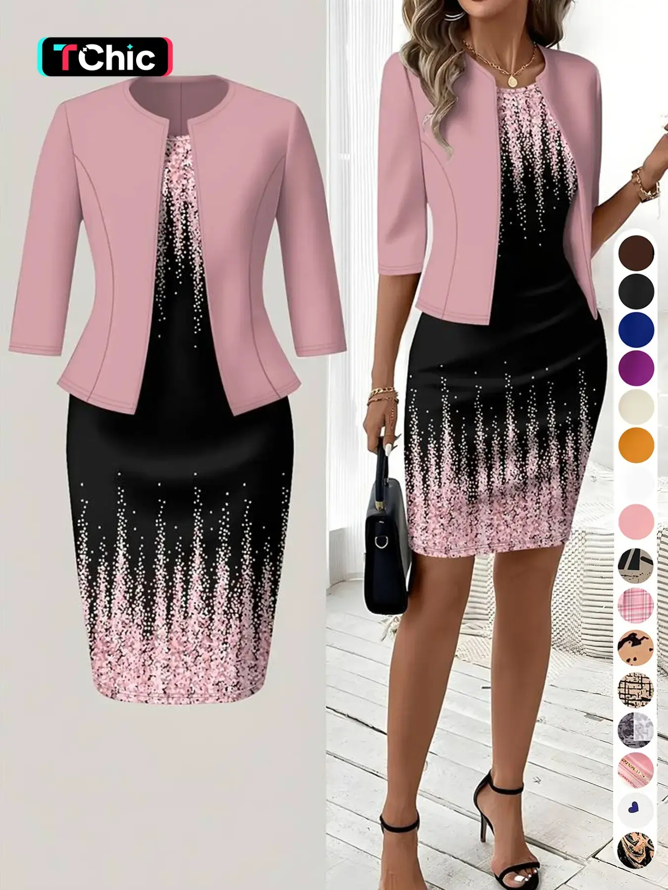 short skirt, small size, general fabric, printing design, Spring, summer and autumn knitted cardigan blouse with slim waist and printing design, classic straight dress, two-piece suit, Casual Chic Set
