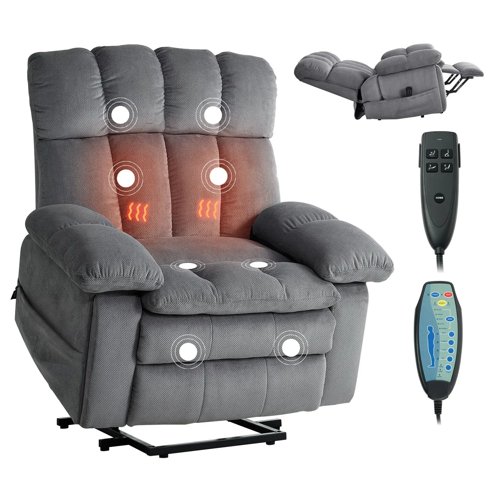 Power Lift Recliner Chair, Dual Motor, Oversized Electric Lift Chair with Heat and Massage for Elderly, Infinite Position Adjustment, Chenille Fabric, with Side Pockets, Cup Holders, Light Gray