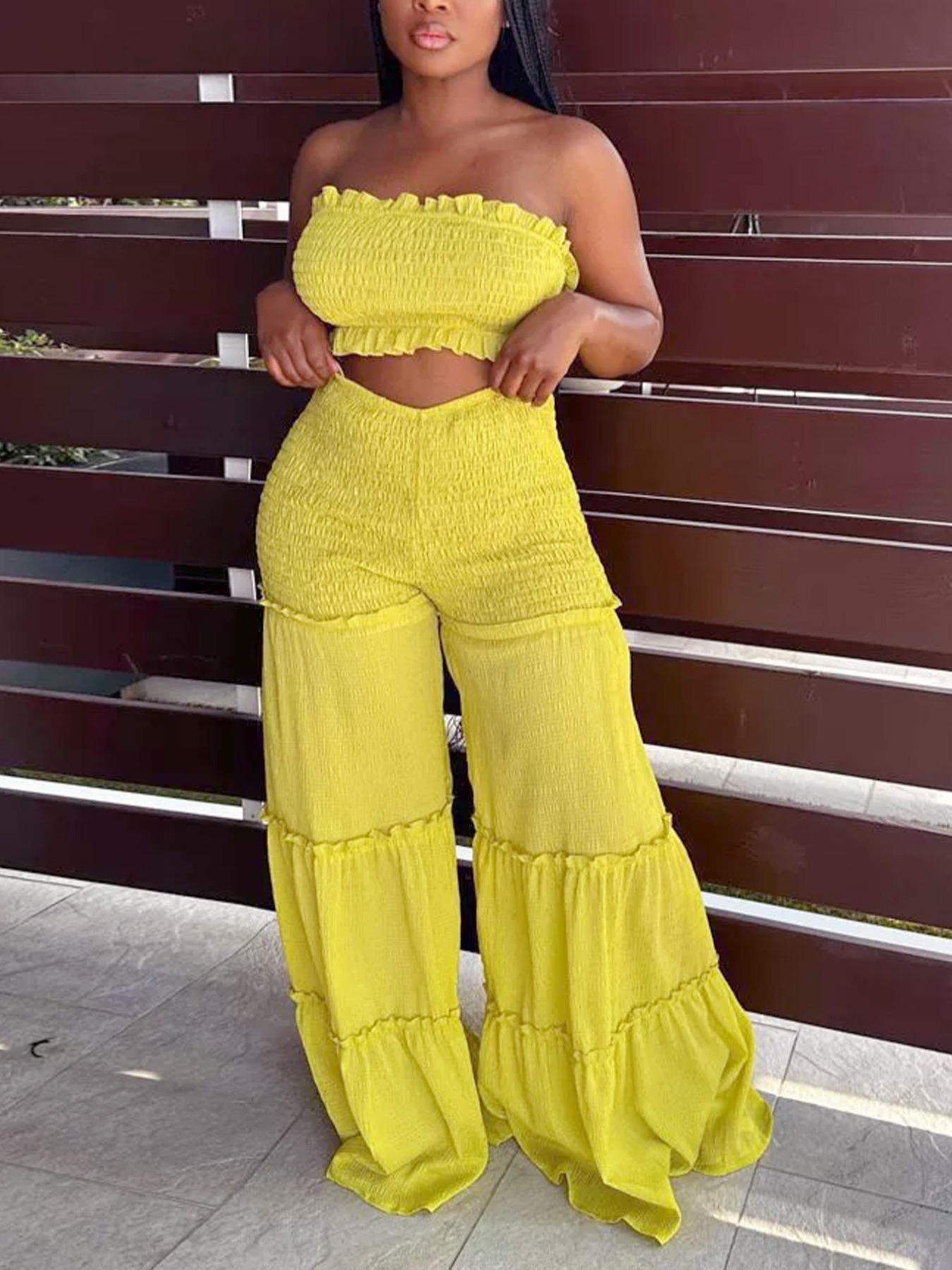 Women's Frill Trim Shirred Flare Leg Pants Set, Boho Casual Crop Tube Top & High Waist Trousers for Beach Holiday Vacation, Ladies Summer Clothes