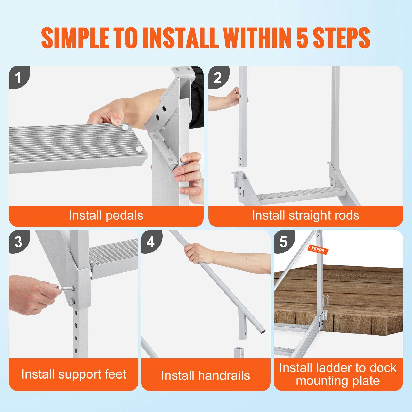 【Summerfinds】6-Step Aluminum Adjustable Dock Ladder, 43-51in Free Height Adjustment, 500lbs Load Capacity, Dual Nonslip Mat Rails, Comfortable Walking, 31.5x72.8x82.3in Size, Ideal for Swimming Pools, Safe for Child & Elderly, Handrail