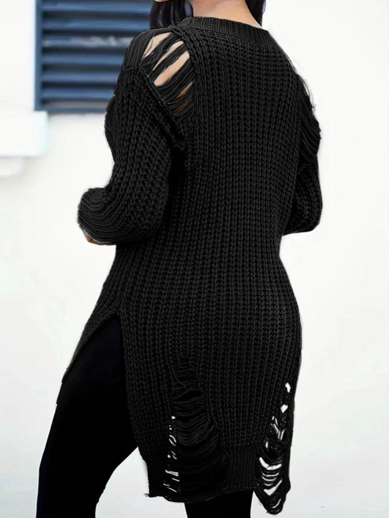 Women's Plain Ripped Split Hem Sweater, Street Fashion Drop Shoulder Long Sleeve Knit Jumper for Daily Outdoor Wear, Women's Knitwear for Fall & Winter