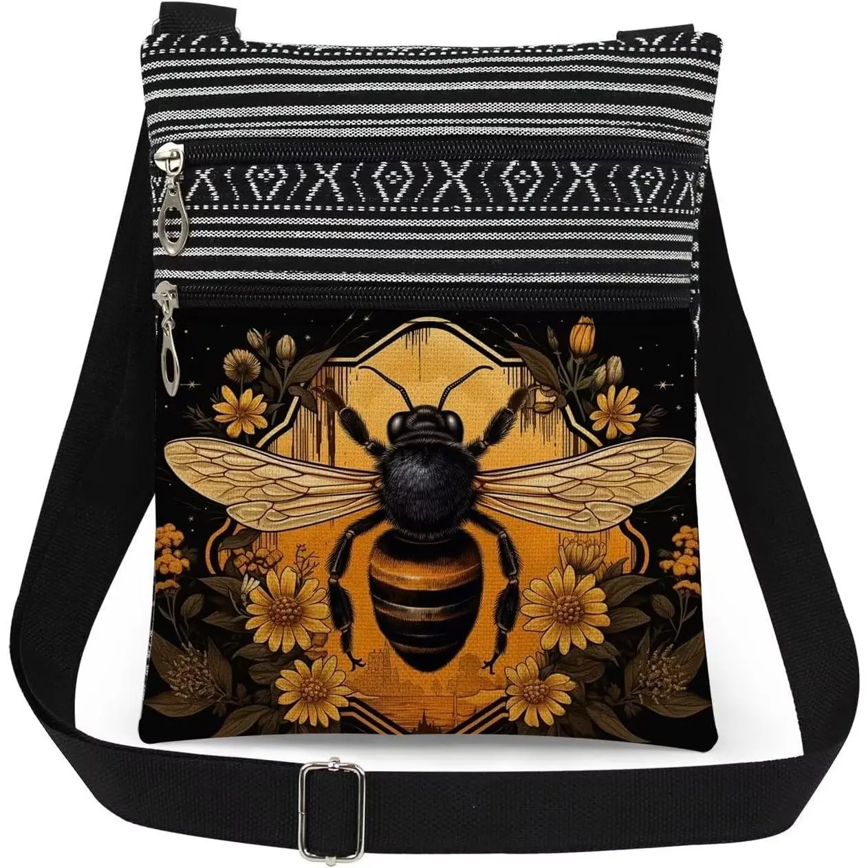 Bumblebee Garden Crossbody Bag with Adjustable Strap Yellow Black  Print with Flower Messenger Bag Garden  for Women Birthday or Christmas  for Sister  Lover