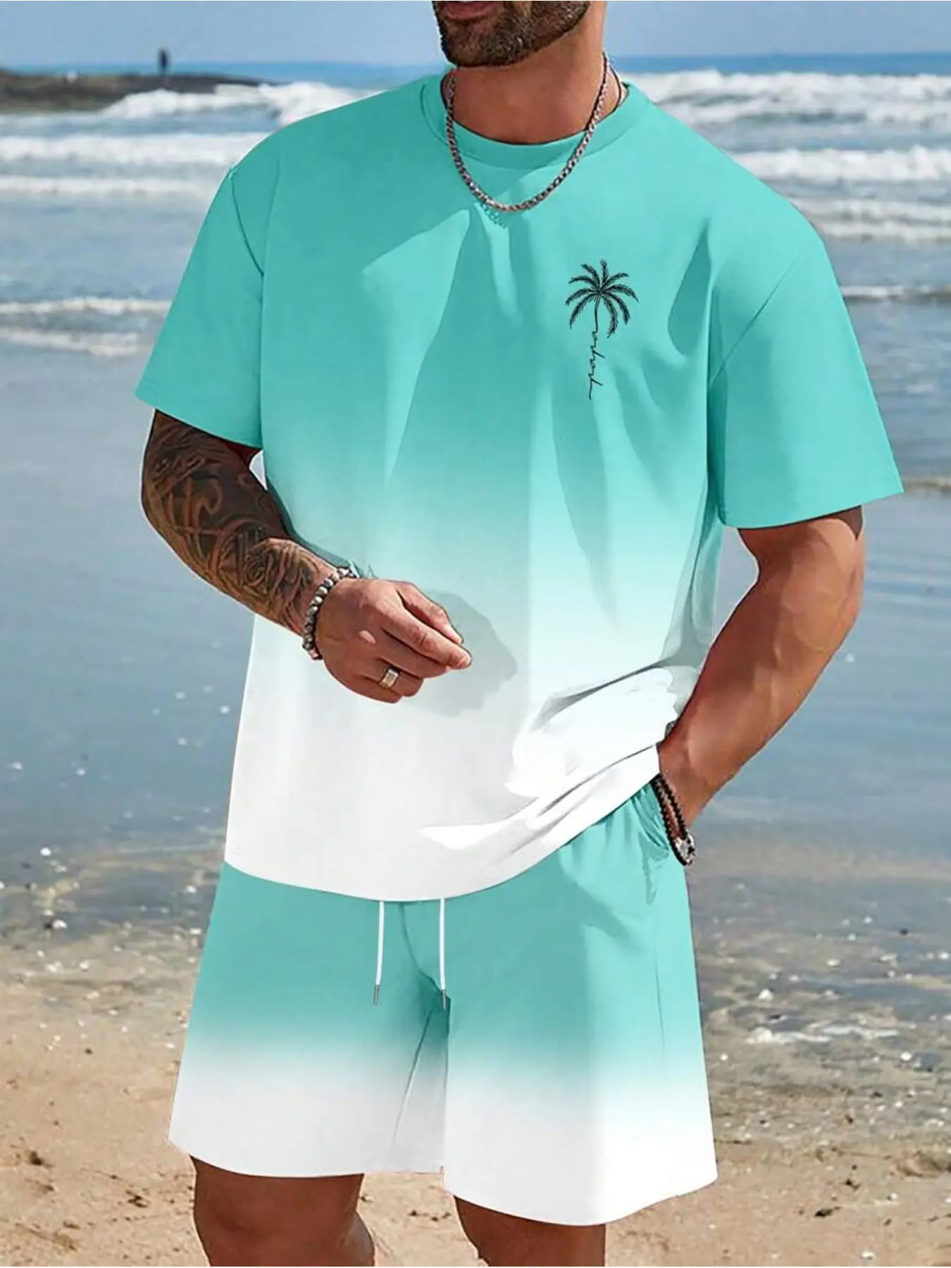 beach little leaf tropical 2pcs Men's Ombre Gradient Plant Print Crew Neck Tee And Lace-Up Shorts Set, Casual Holiday Outfit, Cozy Outfits, Clothes