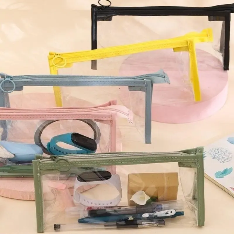 2-Pack Minimalist Transparent PVC Pencil Case, Large Capacity Waterproof Zipper Pouch for Student Stationery & Travel Makeup