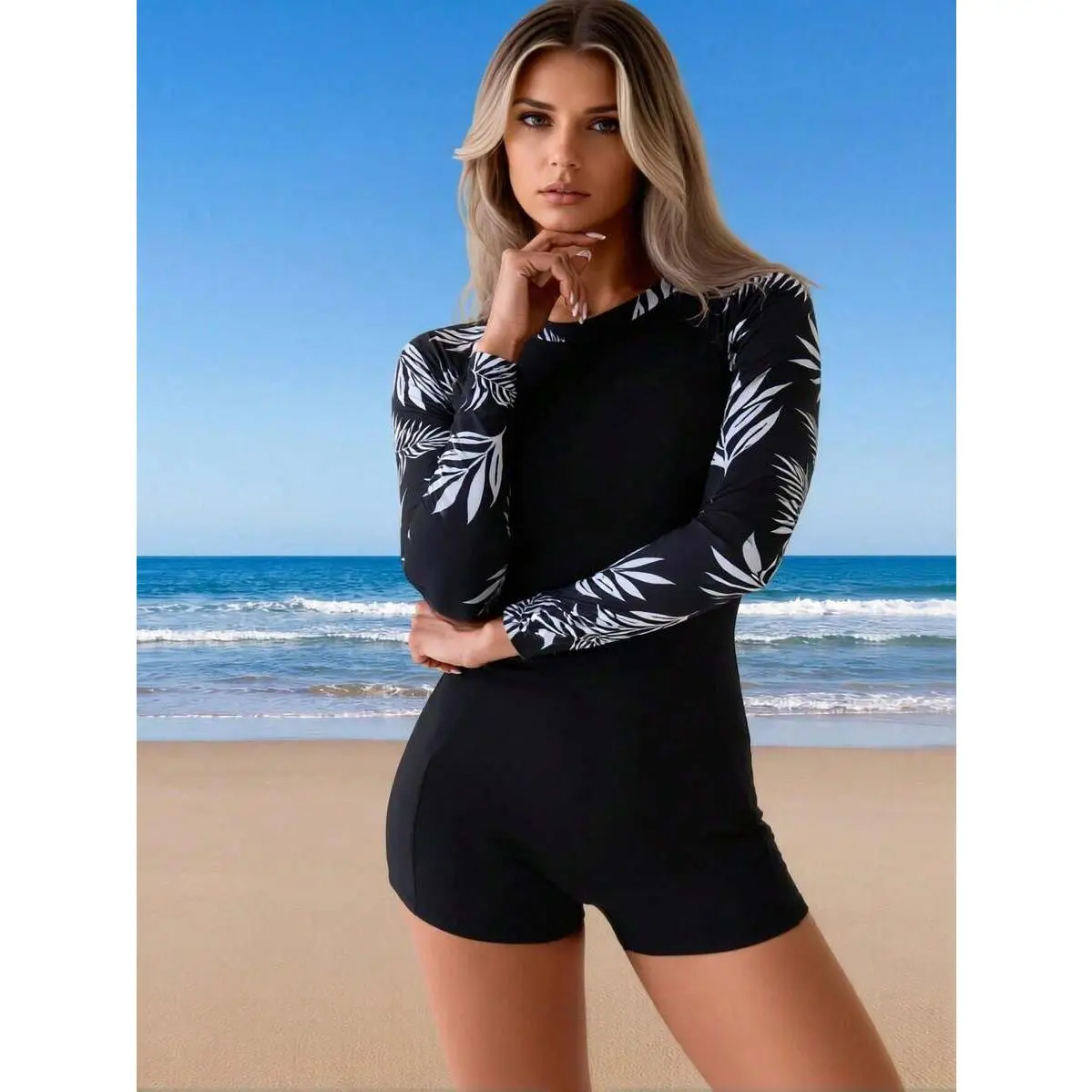 2026 New Women's One-Piece Swimsuit: Black, White Palm Leaf Print Raglan Sleeves, Boyleg Bottoms, UPF 50+ Surf Beach Style