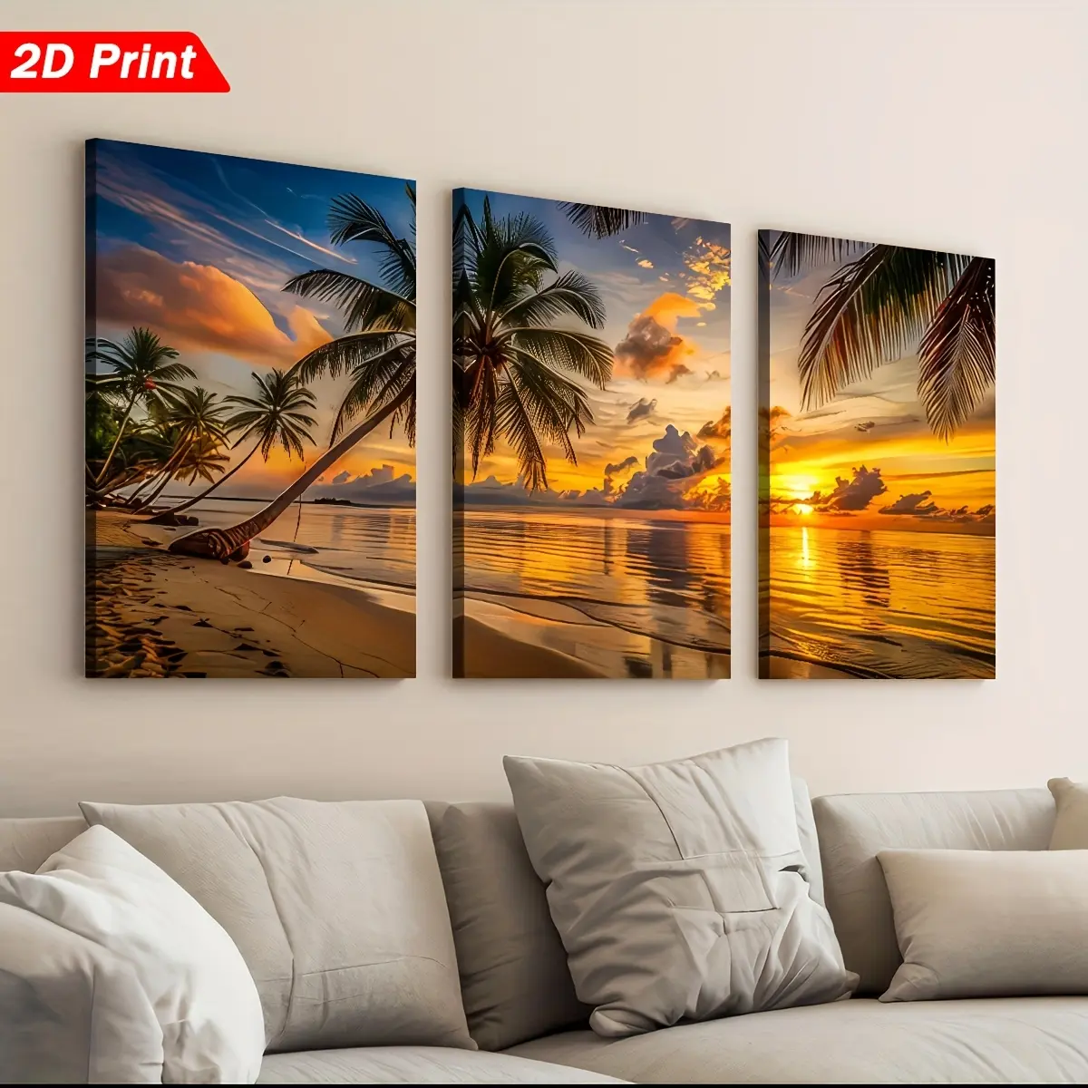 2D‑Flat 3‑Piece Ready‑to‑Hang Framed Canvas Wall Art, coastal ocean beach sunset prints, indoor hanging wall decor for living room, bedroom, dining room and office, exquisite holiday home‑decor gift