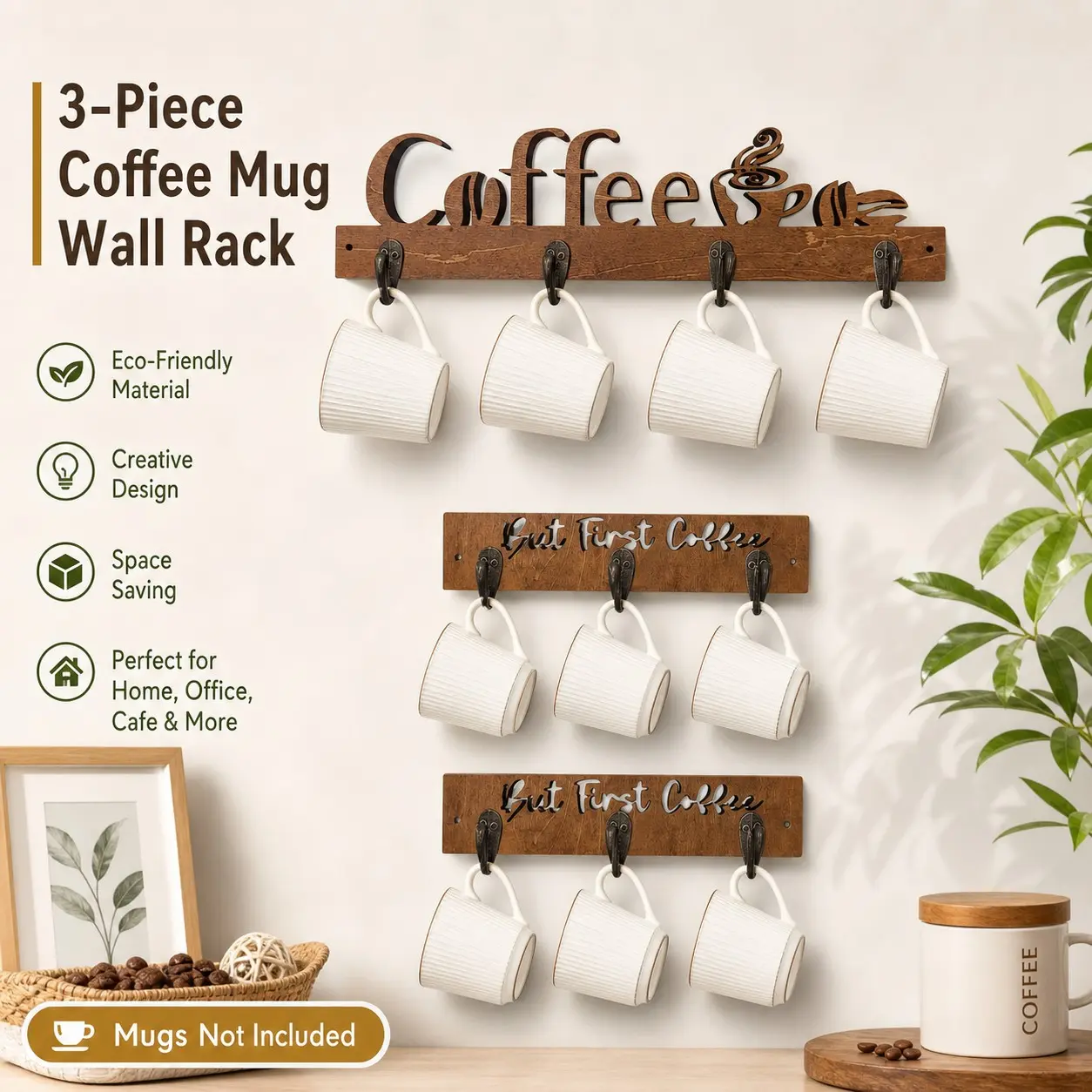 Rustic-Style Wooden Wall-Mounted Mug Organizers Set, 3 Pieces with 10 Cup Holder Hooks, Perfect for Kitchen Organization & Coffee Corner Decoration, Home Storage Organizer
