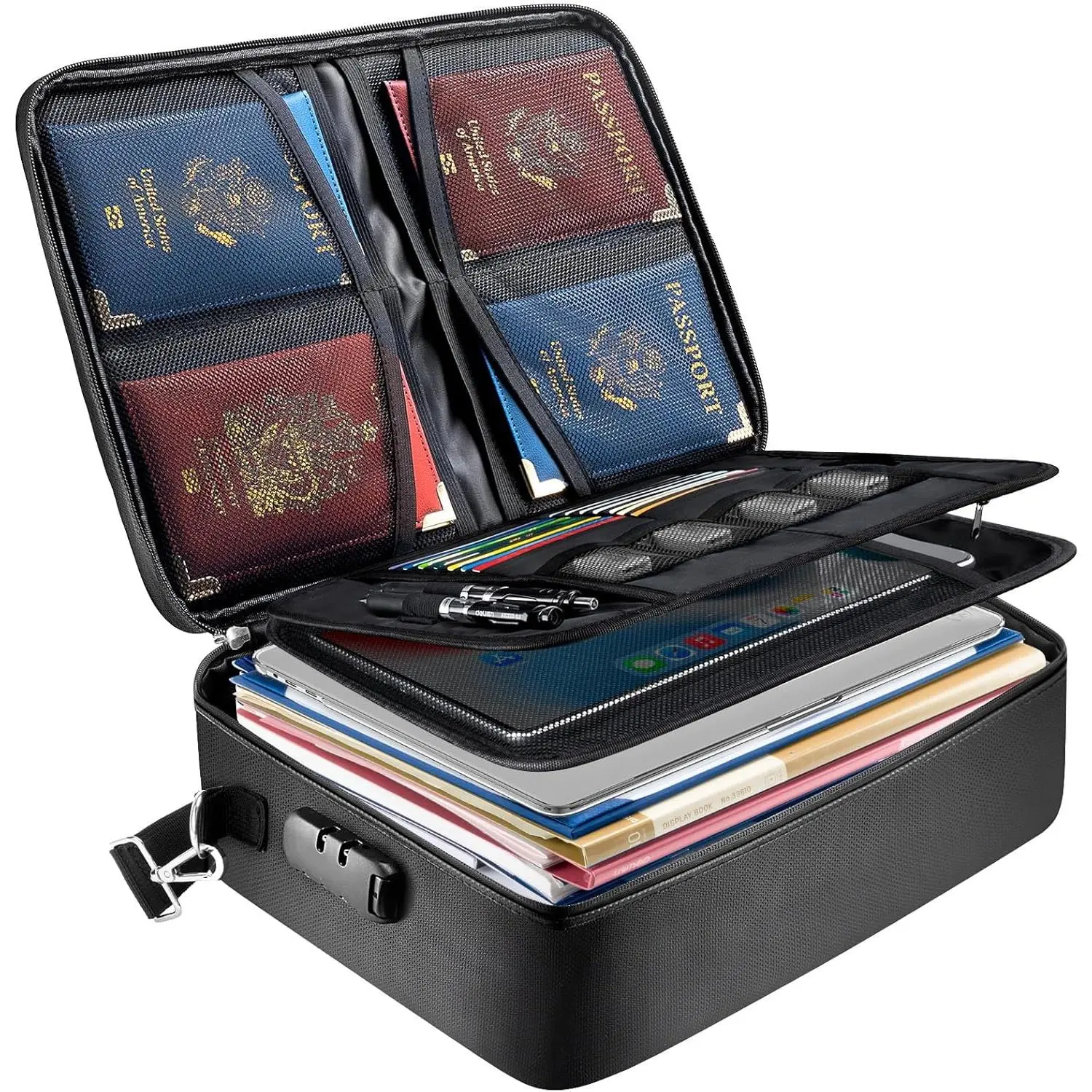Portable Fireproof Document Box with Lock, Waterproof Fire Proof File Organizer Box for Important Paperwork Documents, Black (15''x11''x4'')