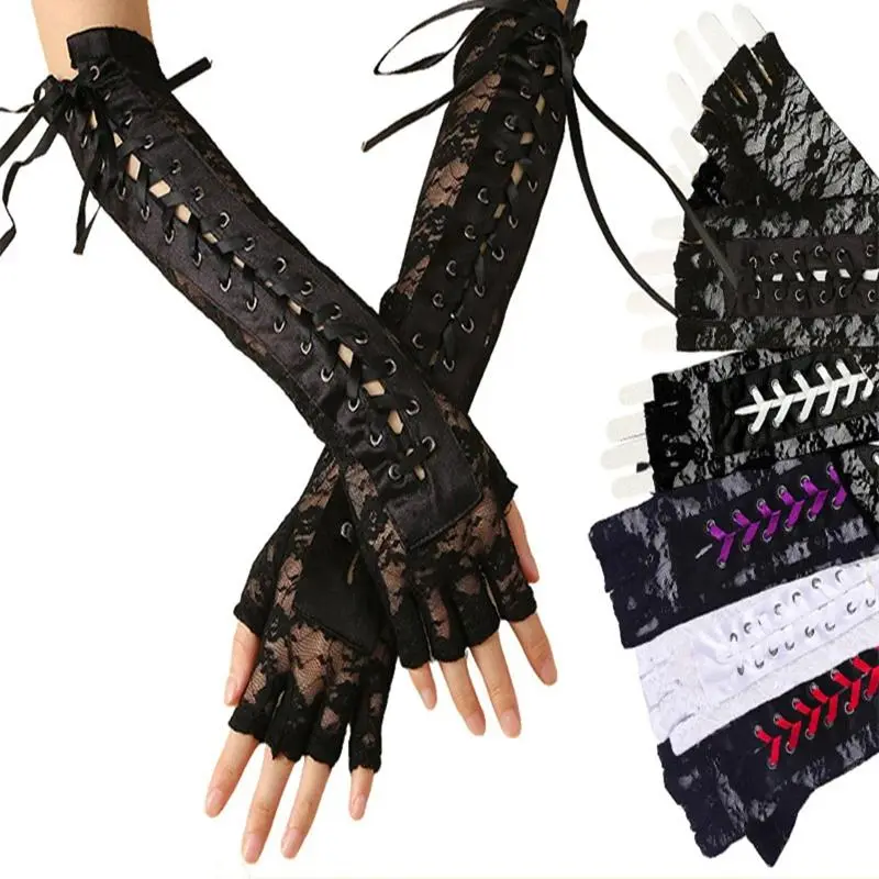 Women Sexy Floral Lace Elbow Length Half-Finger Gloves Black String Ribbon Ties Up Dance Party Fingerless Fishnet Mesh Mittens