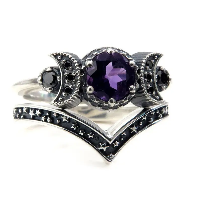 Celestial Moon Goddess Engagement Ring Set – Moon and Star Ring for Women