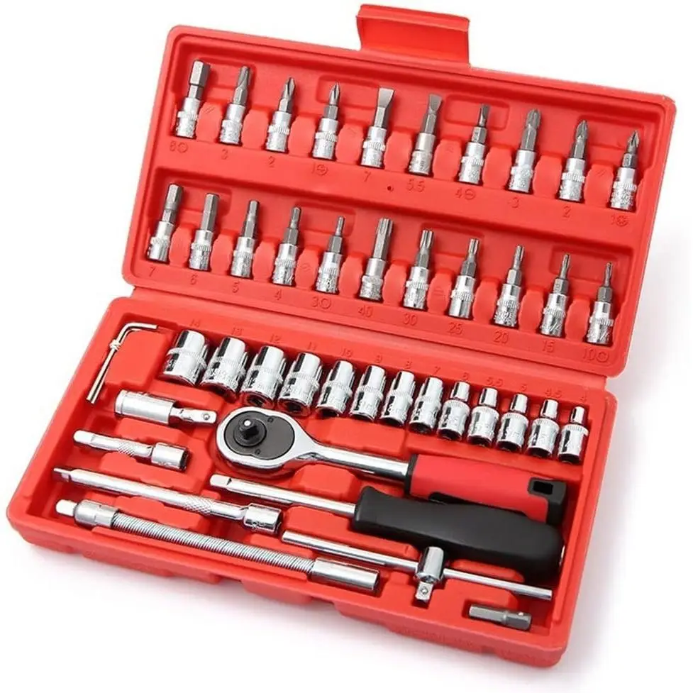 46 Pcs 1/4" Drive Ratchet Wrench Set with Case, Includes Metric Bit Set and Extension Bar for Auto Repair and Home Maintenance