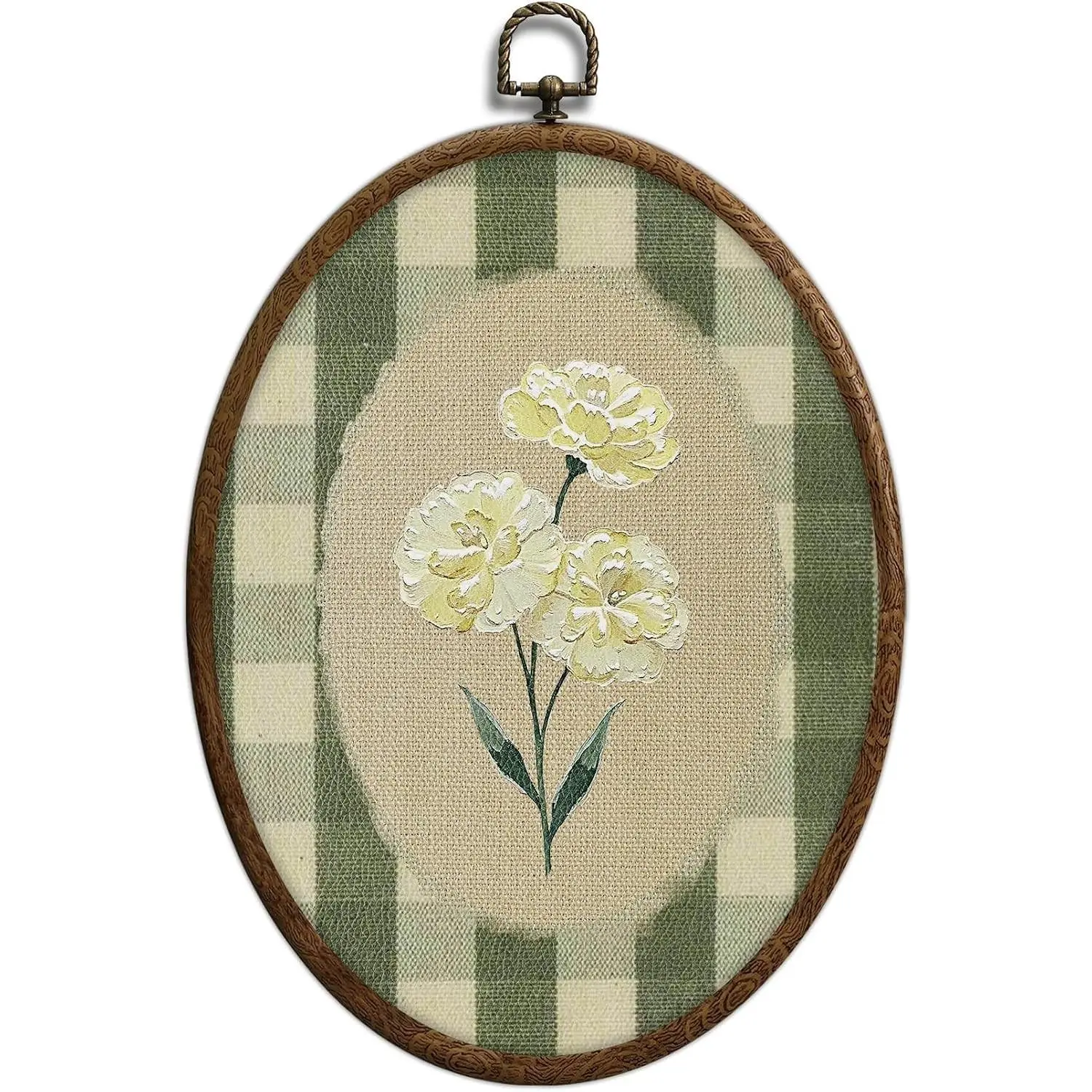 Flower Oval Wall Art, Green Gingham Oval Cottage wall Decor, Retro Botanical Grandma Cottage Core Home Decor for Western Farmhouse Bedroom Living Room, Home Retro Decor Products, 7x10 Inches, 15