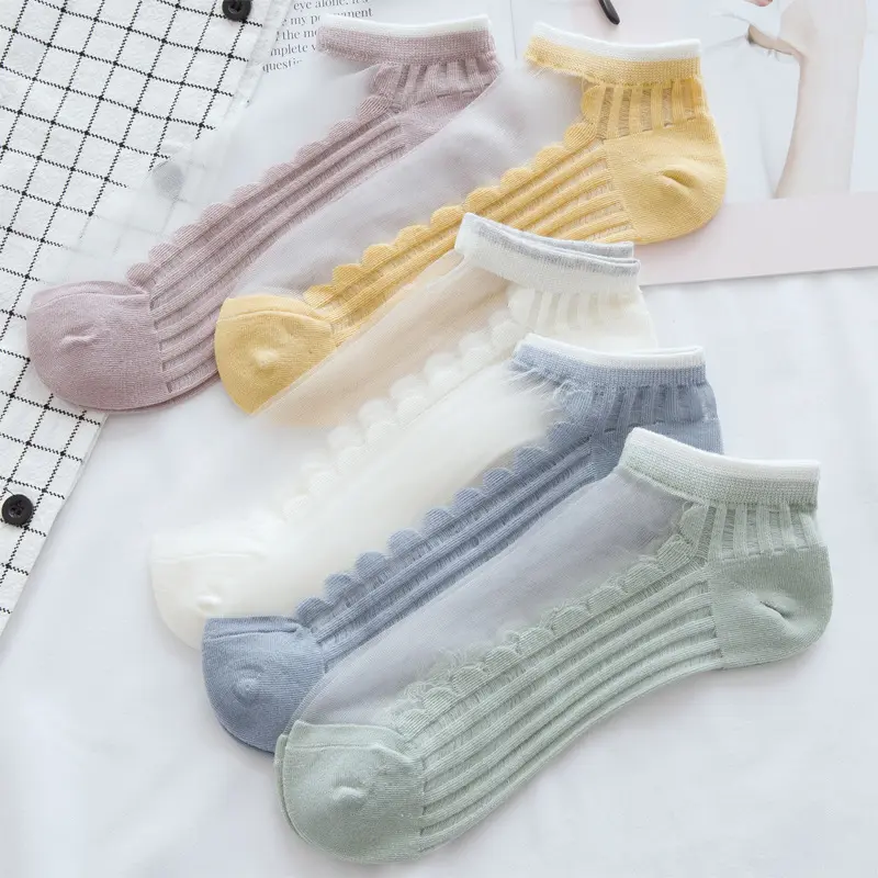 5 Pack Ladies Lightweight See Through Low Cut Socks Soft Scalloped Edge Breathable Crystal Socks For Daily Outfit socks women