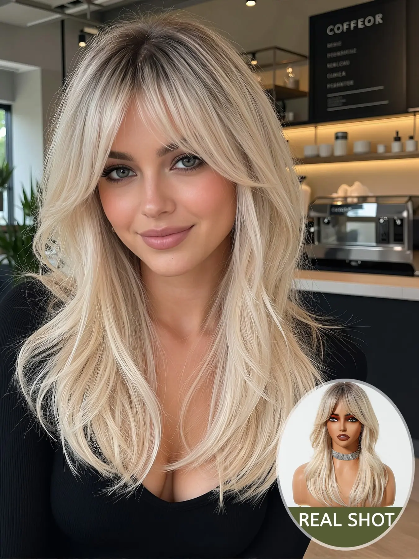 20 Inch Gradient Gold Long Hair Synthetic Wig, Air Bangs for Face Shape, Voluminous Layered Curly Hair, Easy to Style, European and American Daily Wear
