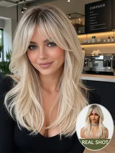 20 Inch Gradient Gold Long Hair Wig, Air Bangs for Face Shape, Voluminous Layered Curly Hair, Easy to Style, European and American Daily Wear