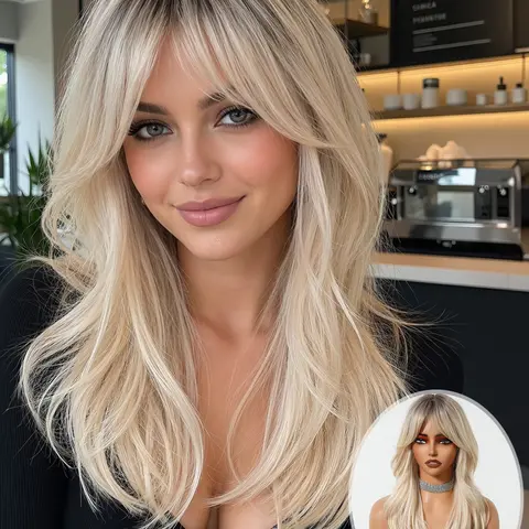20 Inch Gradient Gold Long Hair Synthetic Wig, Air Bangs for Face Shape, Voluminous Layered Curly Hair, Easy to Style, European and American Daily Wear