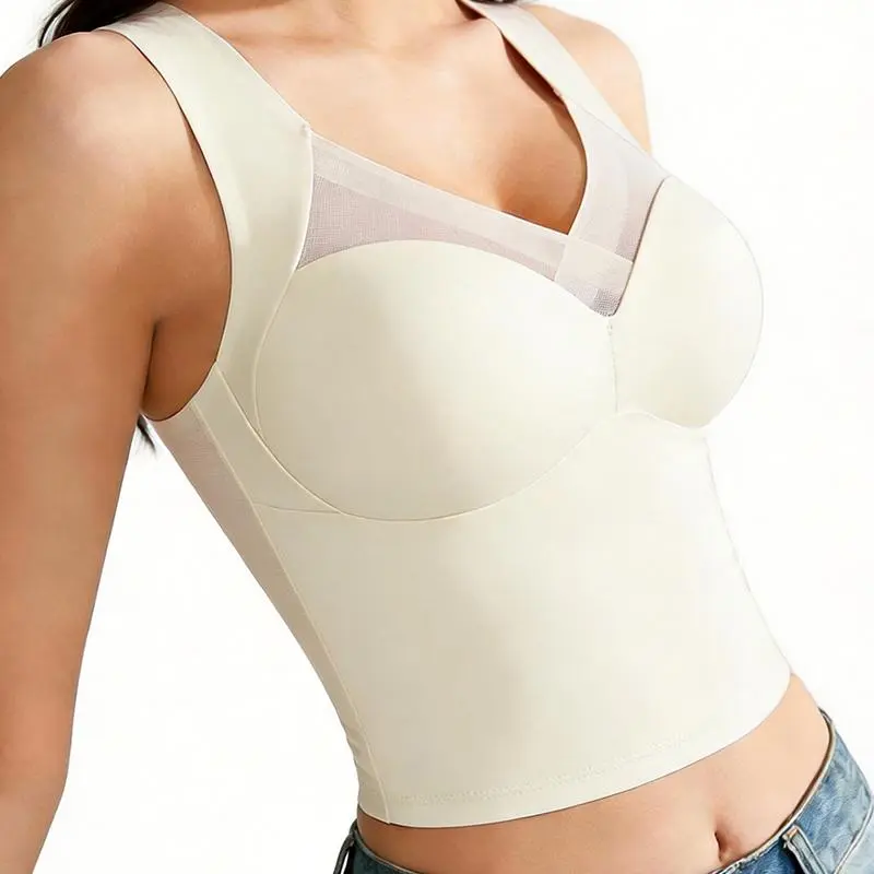 EssElegance Women's White Seamless Longline Bra Wireless V-Neck Bralette Sheer Mesh Detail Push-Up Smoothing Wide Strap Crop Top Camisole Full Coverage Athleisure Everyday Layering Essential for Casual Wear