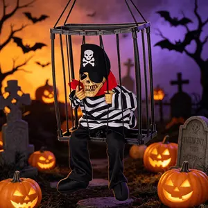 Halloween Motion Sensing Animated Cage Figure, Light Up Sound Activated Decor, Spooky Prop for Party, Multi Print