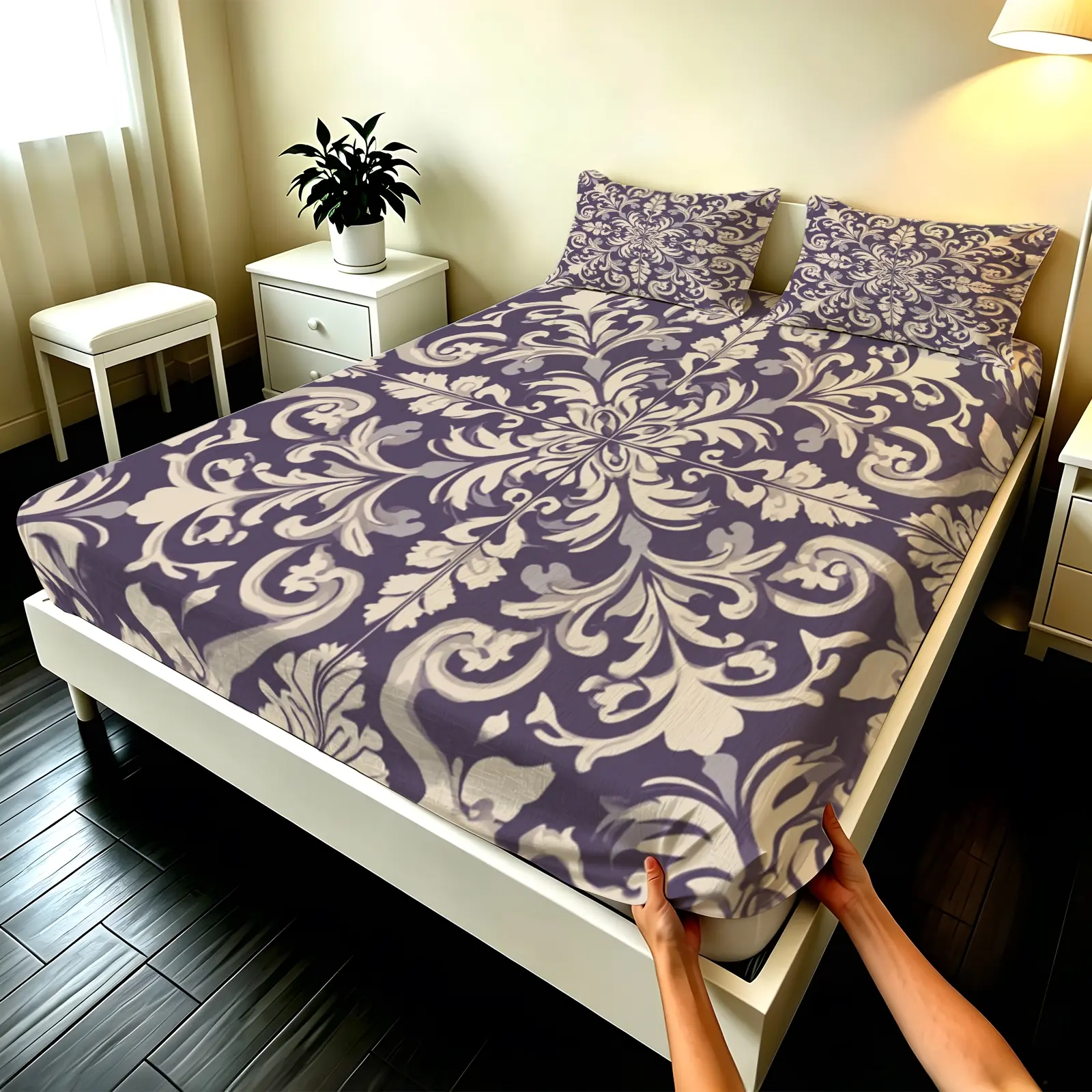 3pcs Fitted sheet Purple Damask Floral Bed Sheets Print Soft Microfiber Bedding Set, Wrinkle Resistant Fade Proof Breathable Comfortable Deep Pocket Fits Twin Full Queen King Cal King Size for Bedroom Guest Room Hotel Daily Use