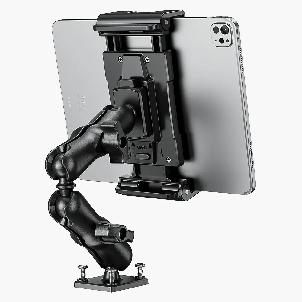 Drill Base Tablet Stand, Dual Rotatable Arms, 360 Degree Adjustable, Compatible with 5-13 Inch Tablets, Car Dashboard, Truck, Wall, Desk