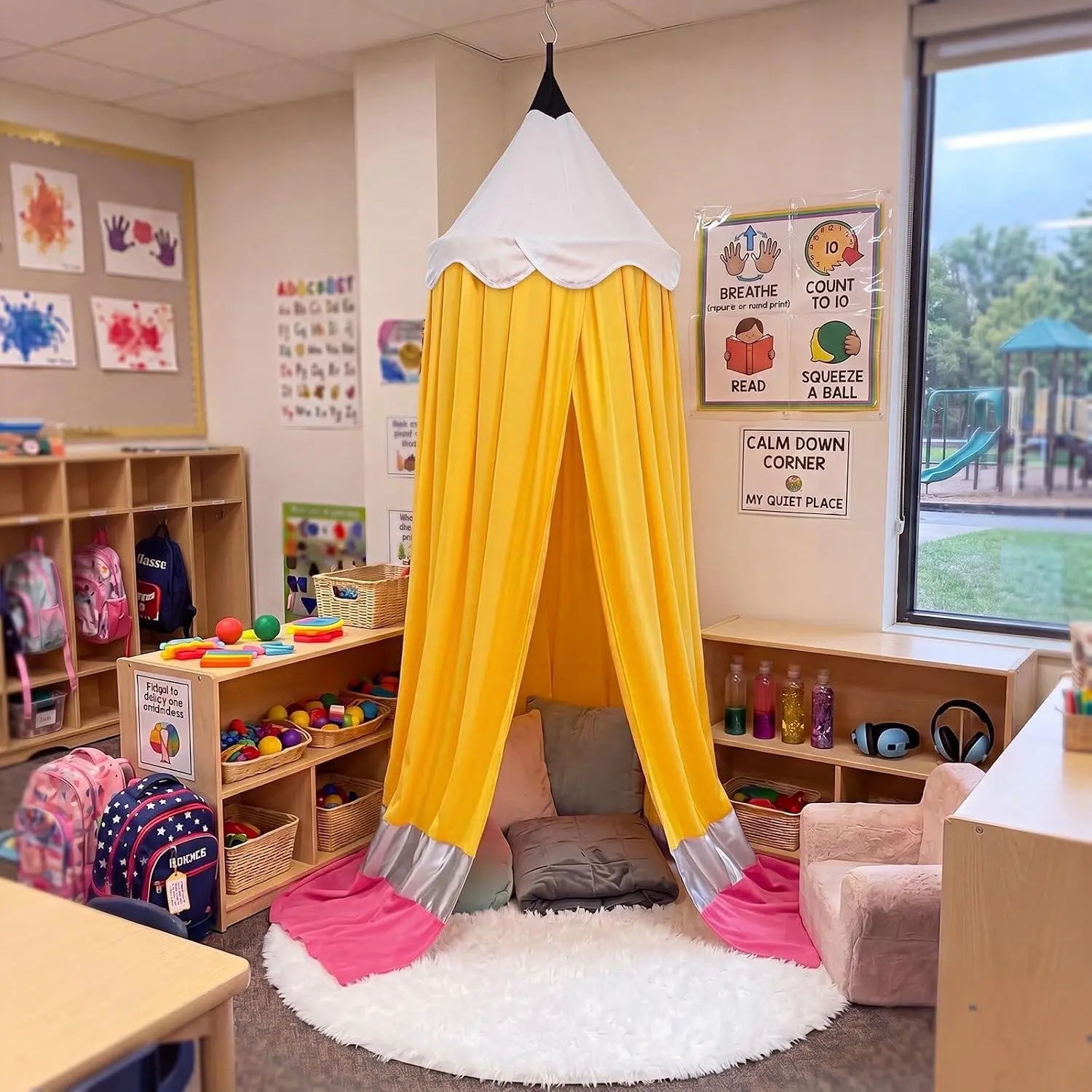 Big Pencil Reading Nook Canopy with Round Rug Classroom Large Pencil Tent Ruffles Canopy Livingroom Decor for Back to School Pre-K Daycare Classroom Reading Corner Home Bedroom Decoration