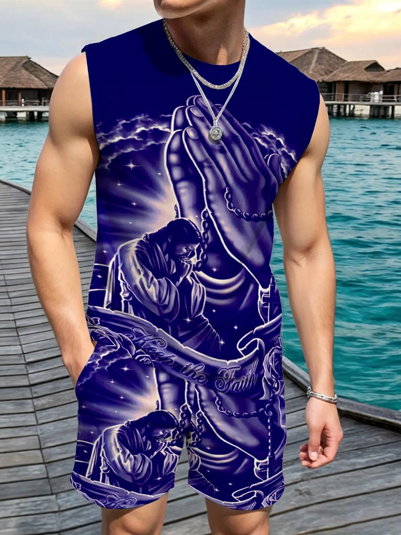 Men's Religious Style Jesus Prayer Sleeveless Top + All over Print Drawstring Shorts Set, Summer Loose Fit Casual Two-Piece
