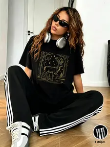 2 pieces, women's Y2K American elf deer print short sleeved+side four bar striped pants simple casual set, fashionable, loose and comfortable, daily home commuting fitness dating travel vacation outfit