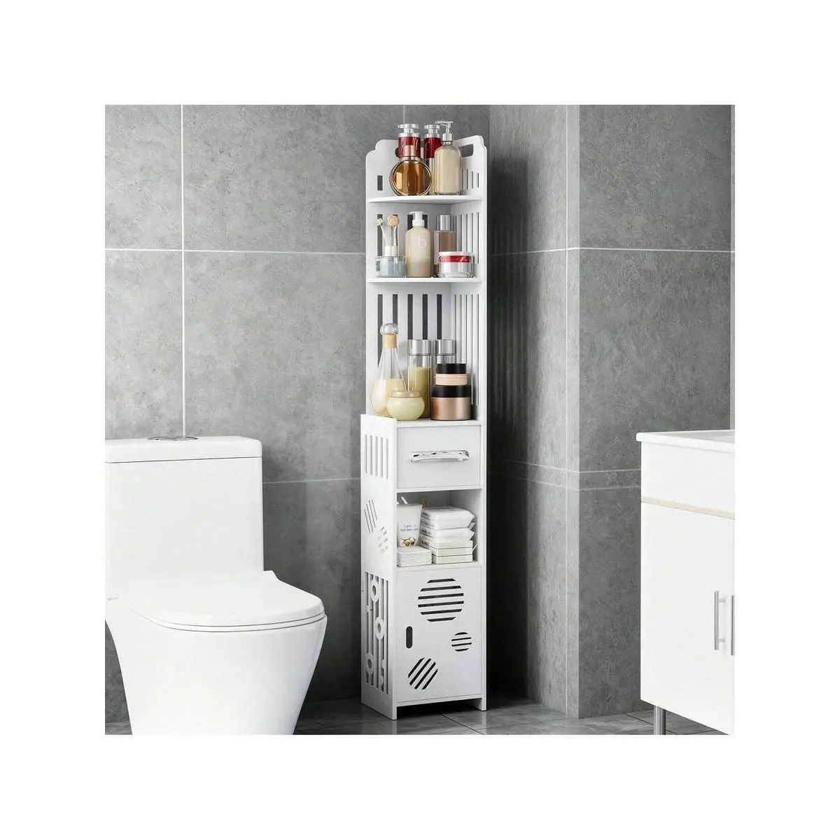 LOVEWE 1Pc WPC-PVC Freestanding Narrow Corner Bathroom Storage Rack, Space-Saving Furniture with Tissue Box Holder, Louvered Door Easy-Install Household Organizer