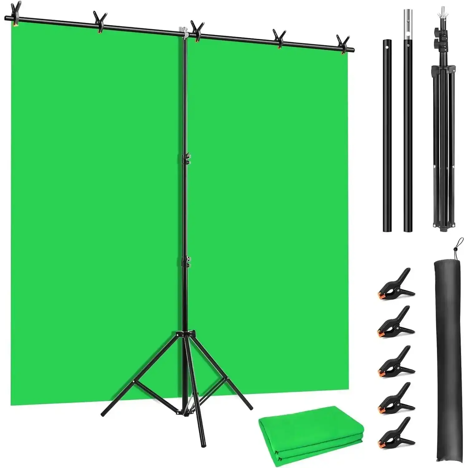5x6.5 ft Retractable Alloy Green Screen Backdrop Kit with Adjustable T-Shaped Tripod Stand, Carrying Bag, 5 Clamps for Streaming, Recording, Accessories