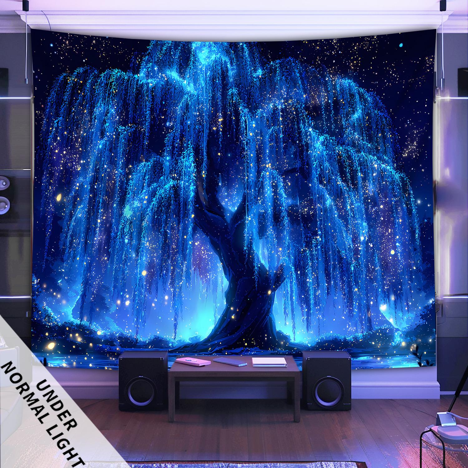 1pc Brilliant Starry Sky Tree Of Life- Glow In The Dark UV Light Banner Tapestry, Starry Sky Pattern, Large Size Peach Skin Fluorescent Printing Tapestry, Bedroom Hanging Tapestry For Party Festival, Bedroom Home Decor