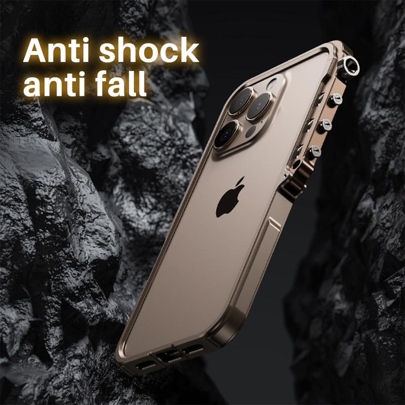 [Free !ship] Full Metal Bezel Bumper Case for iPhone 17 Pro Max16 Pro Max 17 Pro 16 Pro 16 15 14 13, Full-Frame Armor Aluminum Alloy Bumper No Back Cover, Punk armor style, Mechanical Screw Button Design, Minimalist Bare-Hand Feel Fit Lightweight