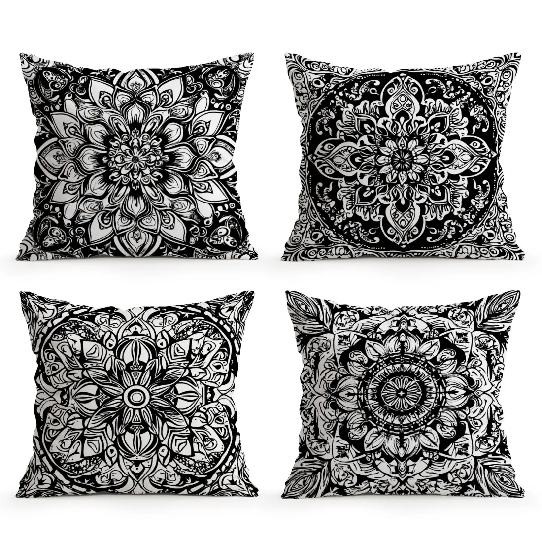 4pcs Black and White Mandala Pattern Decorative Cushion Covers, Single Side Print, Home Decor Ambiance for Living Room Bedroom, All Season Use, No Insert Included